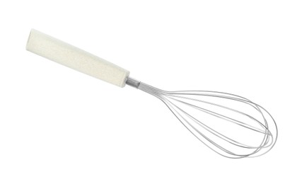 Photo of Metal whisk isolated on white, top view. Kitchen utensil