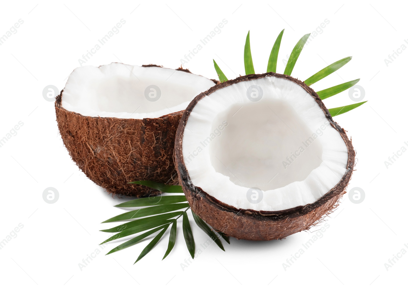 Photo of Halves of fresh ripe coconut with green leaves on white background