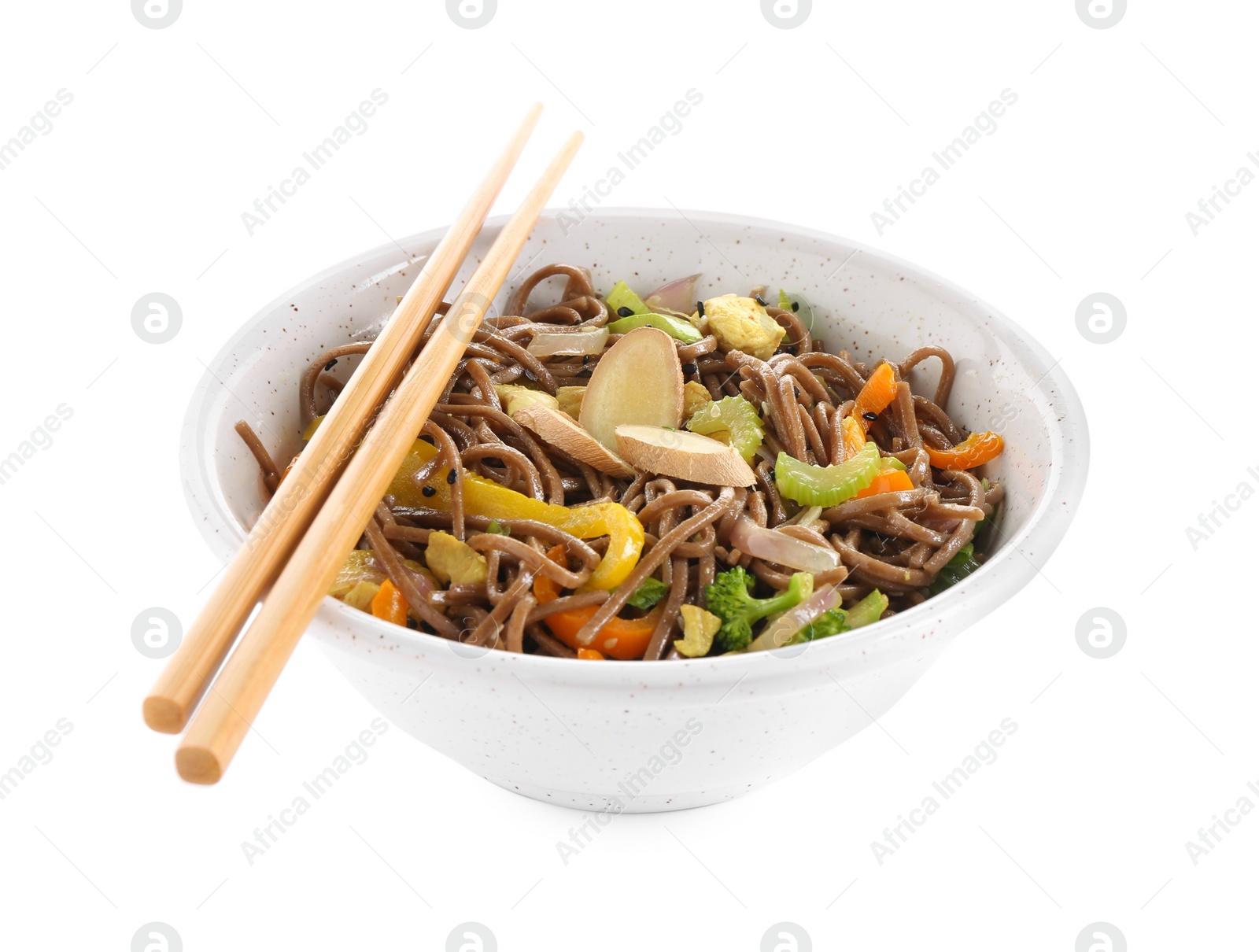 Photo of Stir-fry. Delicious cooked noodles with chicken in bowl and chopsticks isolated on white