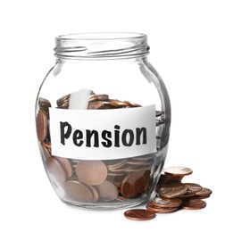 Glass jar with label PENSION and coins on white background