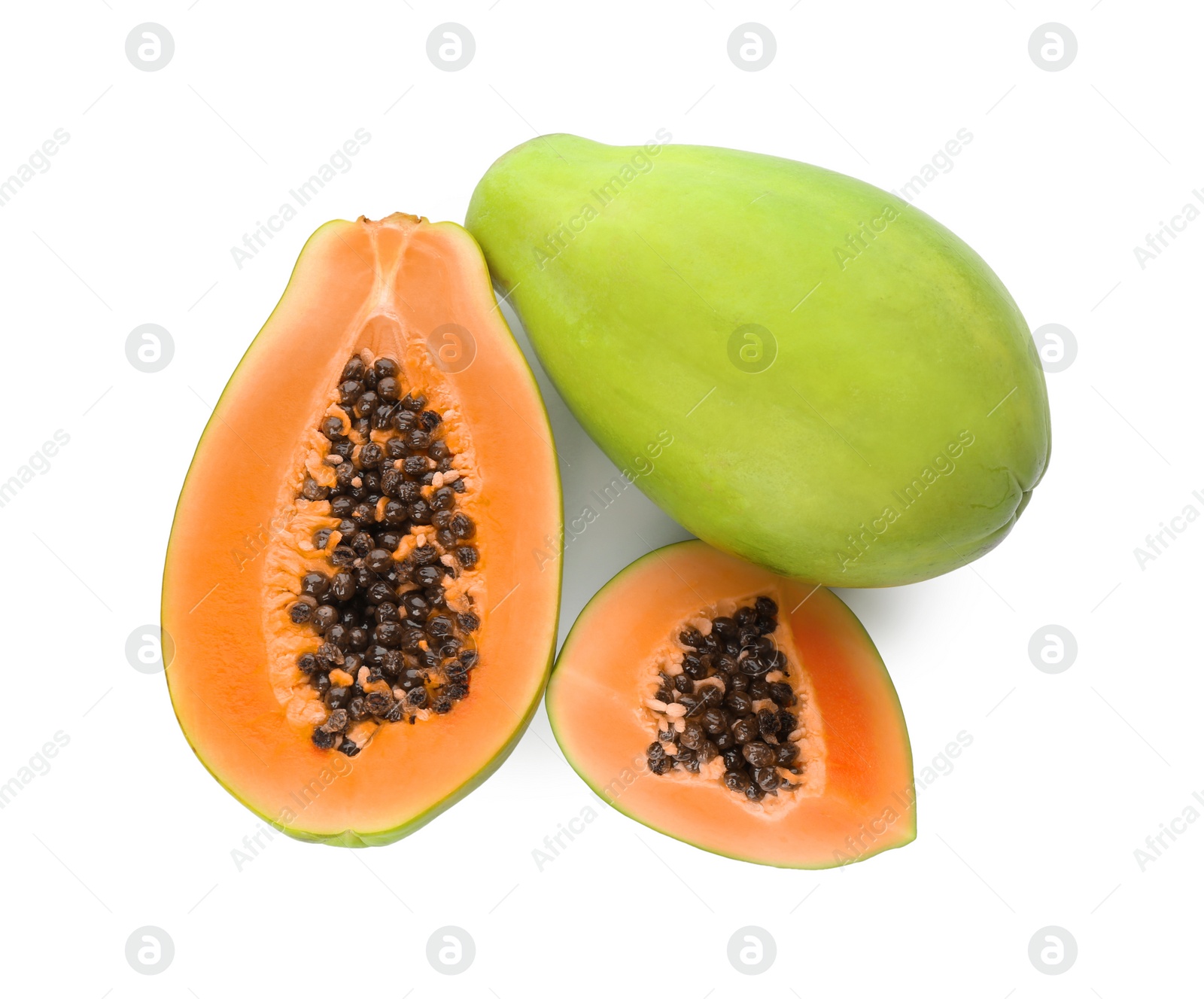 Photo of Fresh ripe papaya fruits on white background, top view