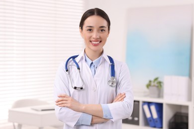 Portrait of medical consultant with stethoscope in clinic