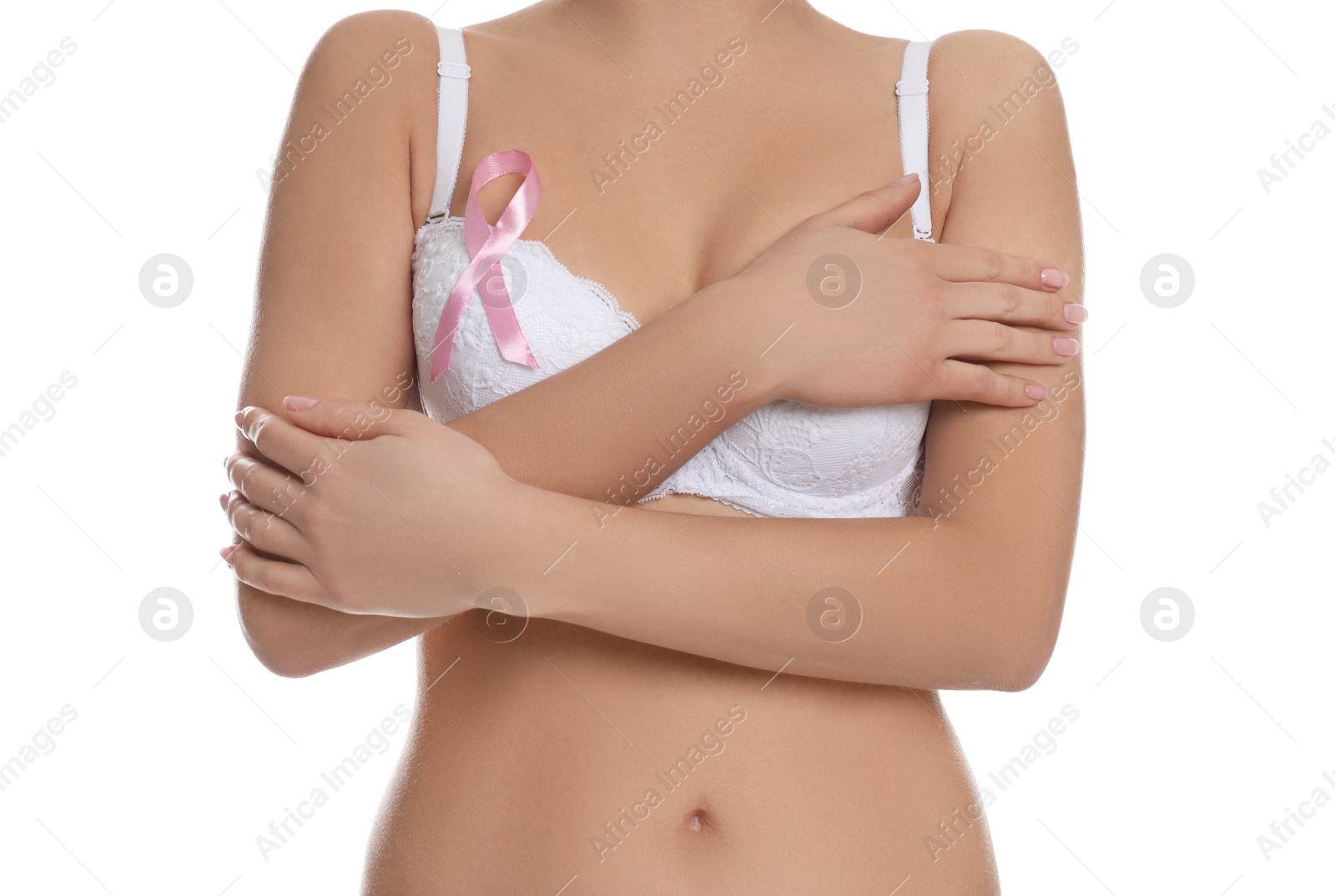 Photo of Woman with pink ribbon on white background, closeup. Breast cancer awareness