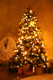 Blurred view of festive room interior with Christmas tree