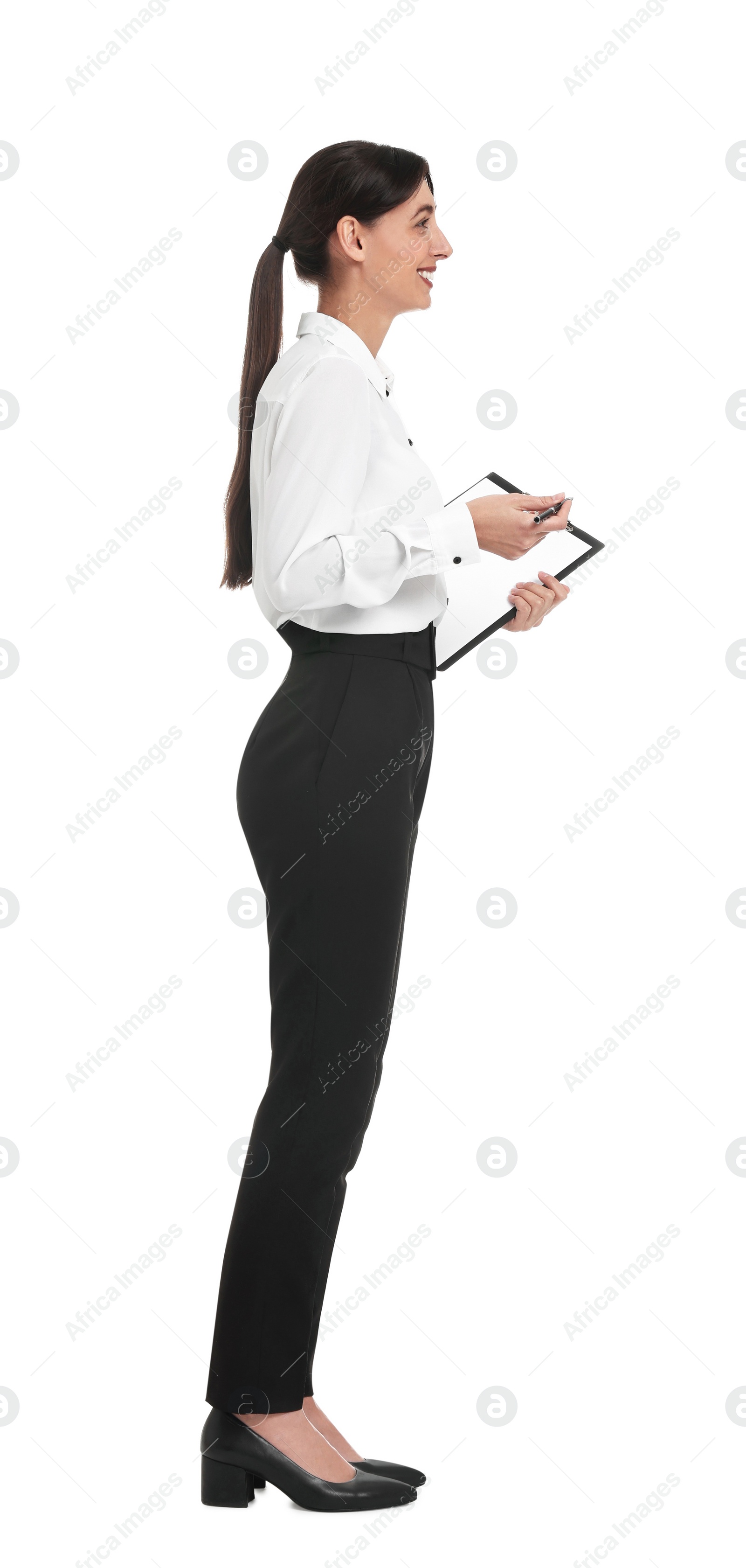 Photo of Happy businesswoman with clipboard on white background