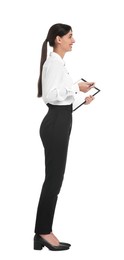 Photo of Happy businesswoman with clipboard on white background