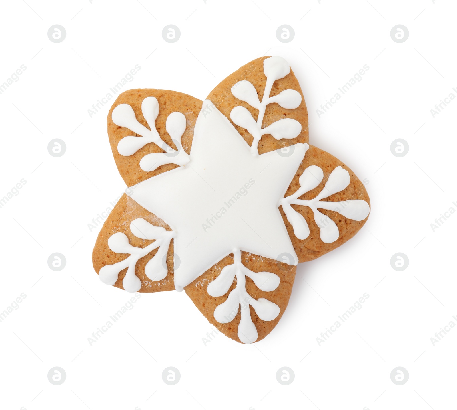 Photo of Tasty star shaped Christmas cookie with icing isolated on white, top view