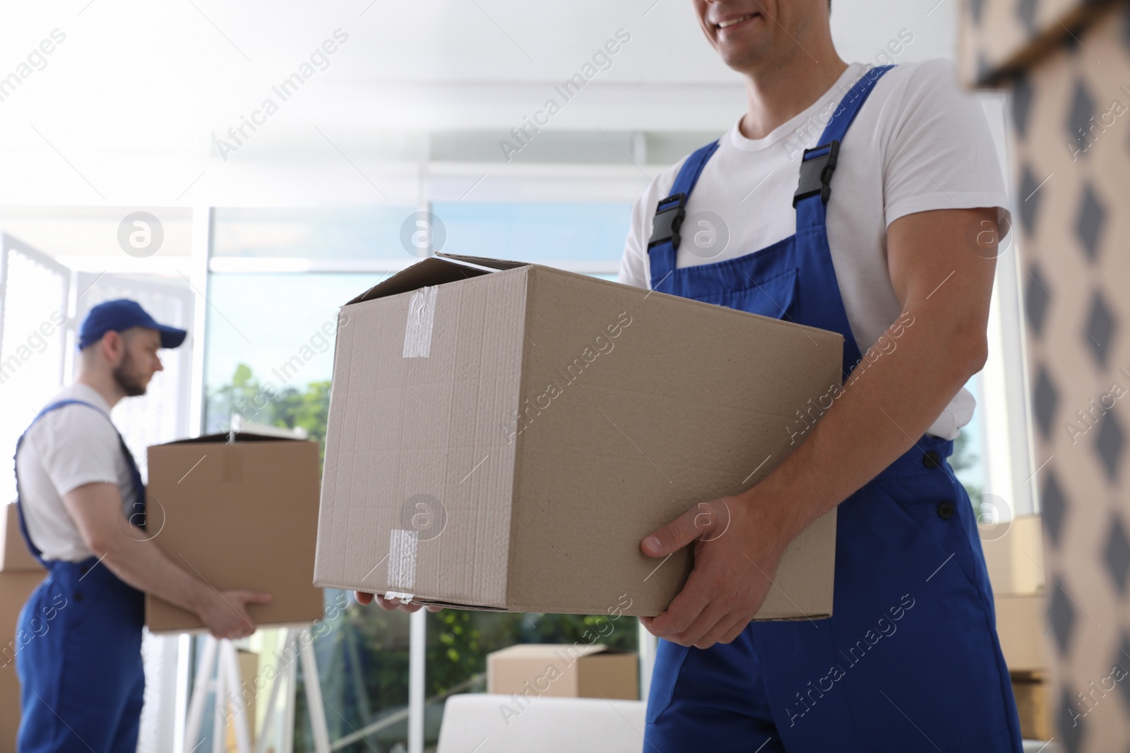 Photo of Moving service employees with cardboard boxes in room, closeup