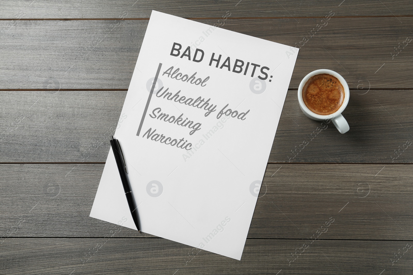 Image of Notebook with list of bad habits, pen and cup of coffee on wooden table, flat lay. Change your lifestyle