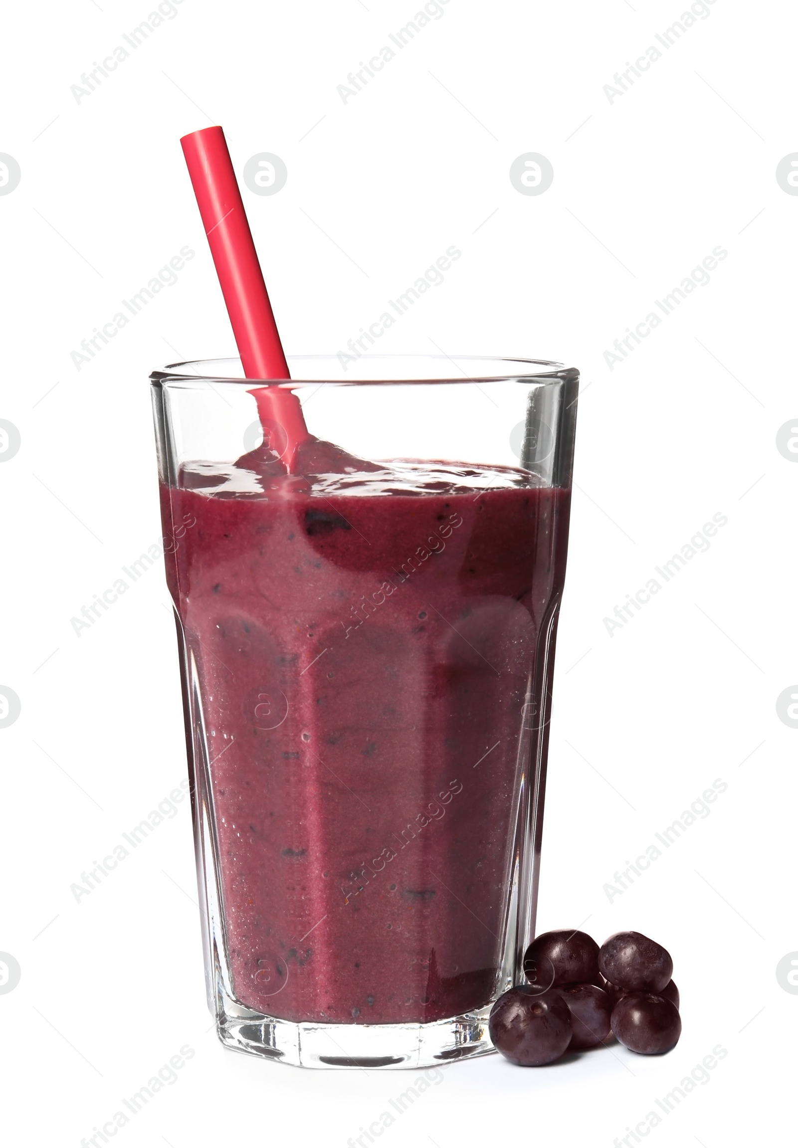 Photo of Glass with delicious acai smoothie on white background