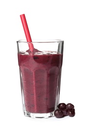 Photo of Glass with delicious acai smoothie on white background