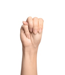 Photo of Woman showing M letter on white background, closeup. Sign language