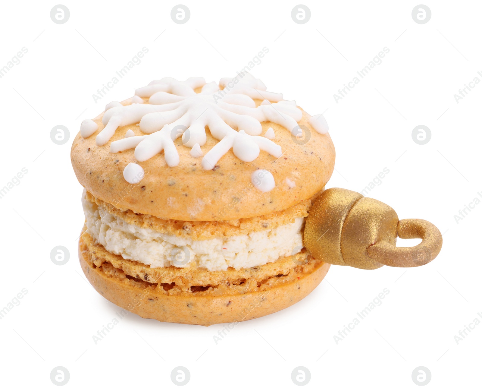 Photo of Beautiful macaron decorated as Christmas ball isolated on white