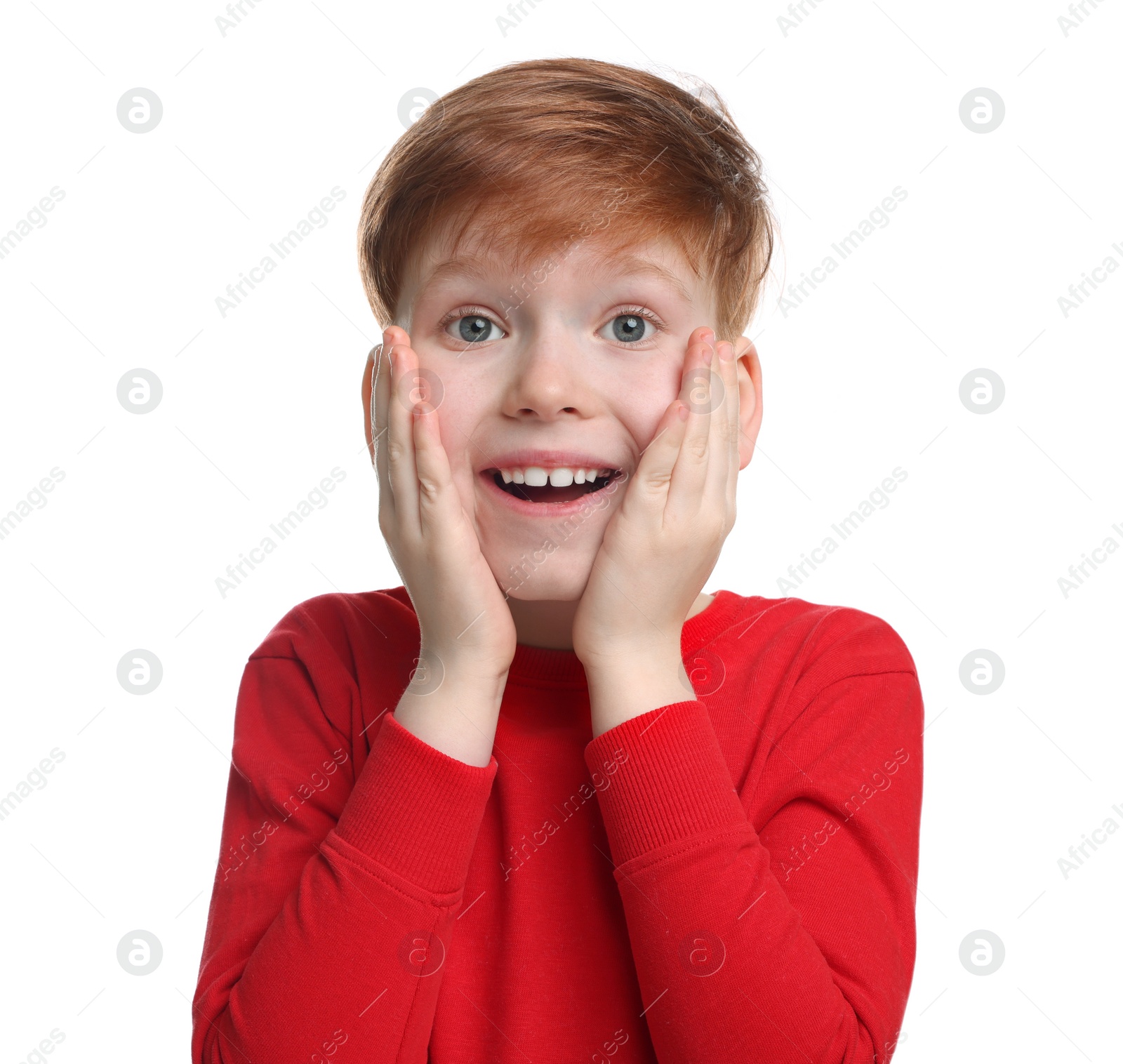 Photo of Portrait of surprised little boy on white background