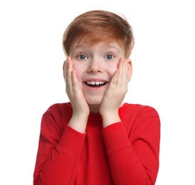 Portrait of surprised little boy on white background