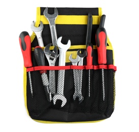 Bag with different construction tools on white background, top view