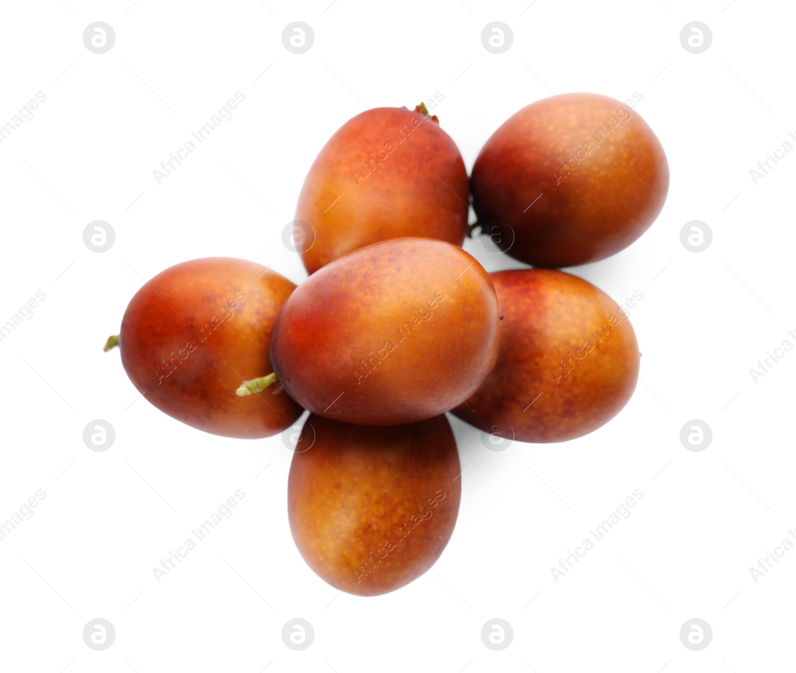 Photo of Fresh ripe oil palm fruits isolated on white, top view