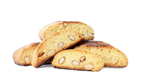 Photo of Slices of tasty cantucci on white background. Traditional Italian almond biscuits