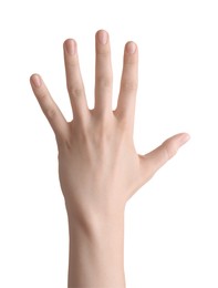 Photo of Woman against white background, closeup of hand