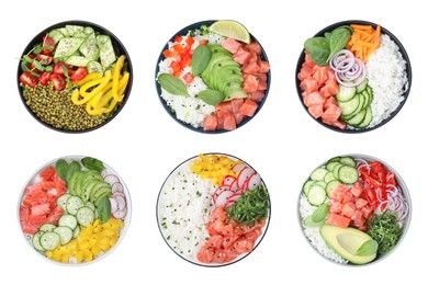 Set of different poke bowls isolated on white, top view