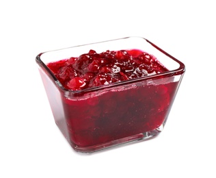 Photo of Delicious fresh cranberry sauce isolated on white