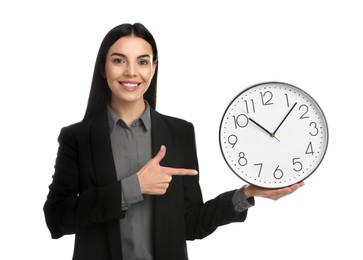 Photo of Businesswoman holding clock on white background. Time management