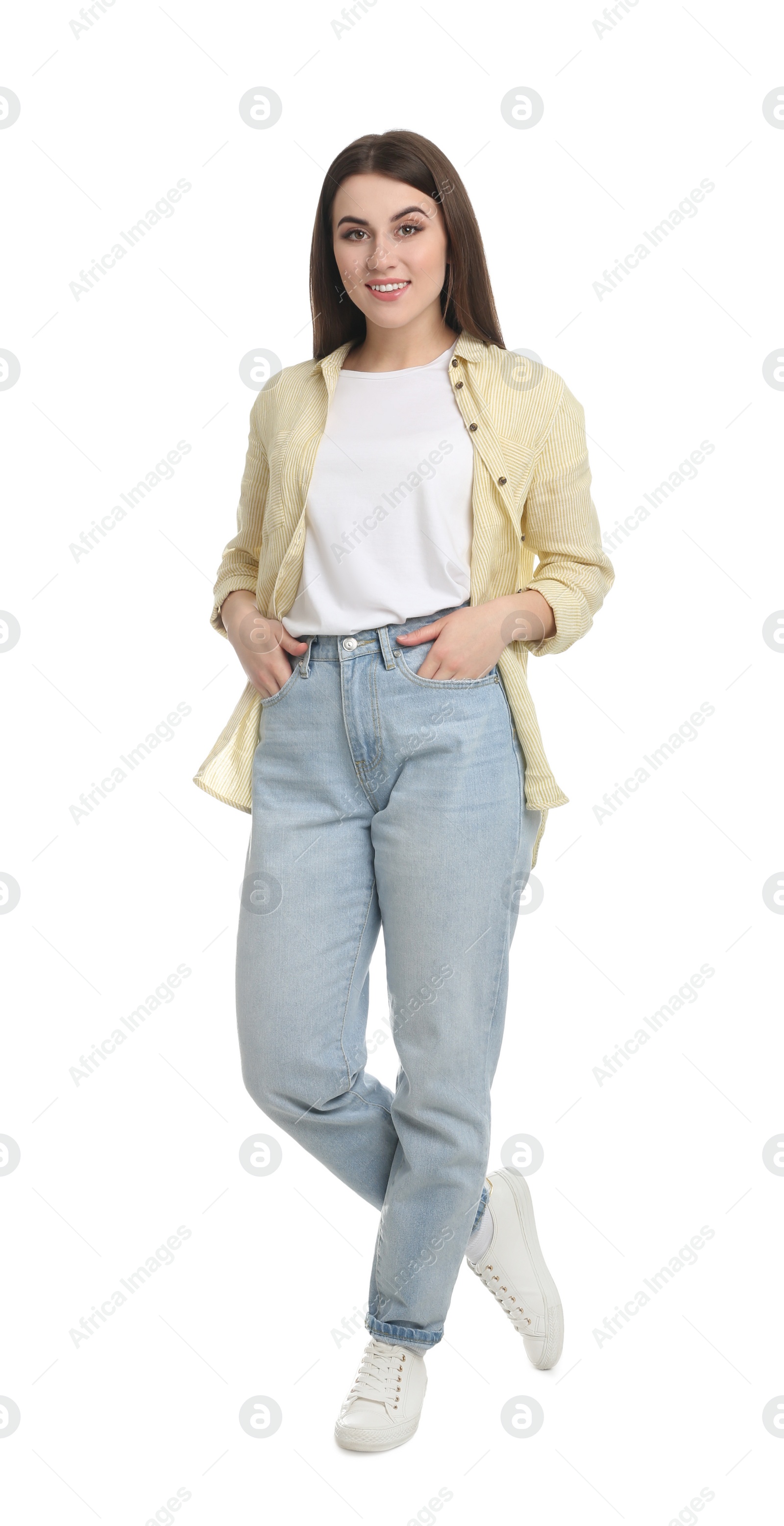 Photo of Full length portrait of young woman on white background