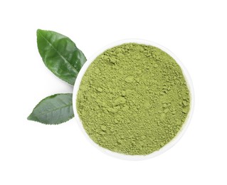 Leaves and bowl of matcha powder isolated on white, top view