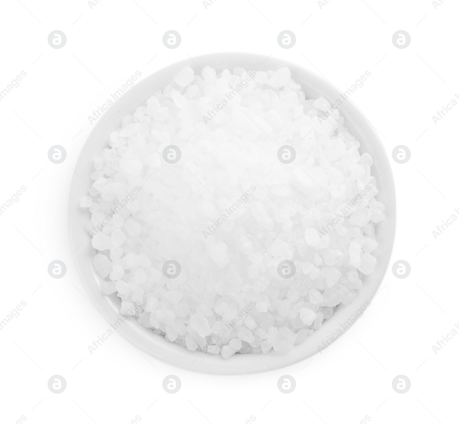 Photo of Bowl with natural sea salt isolated on white, top view