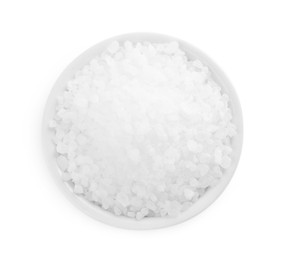 Photo of Bowl with natural sea salt isolated on white, top view