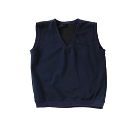 Photo of Dark blue vest isolated on white, top view. Stylish school uniform