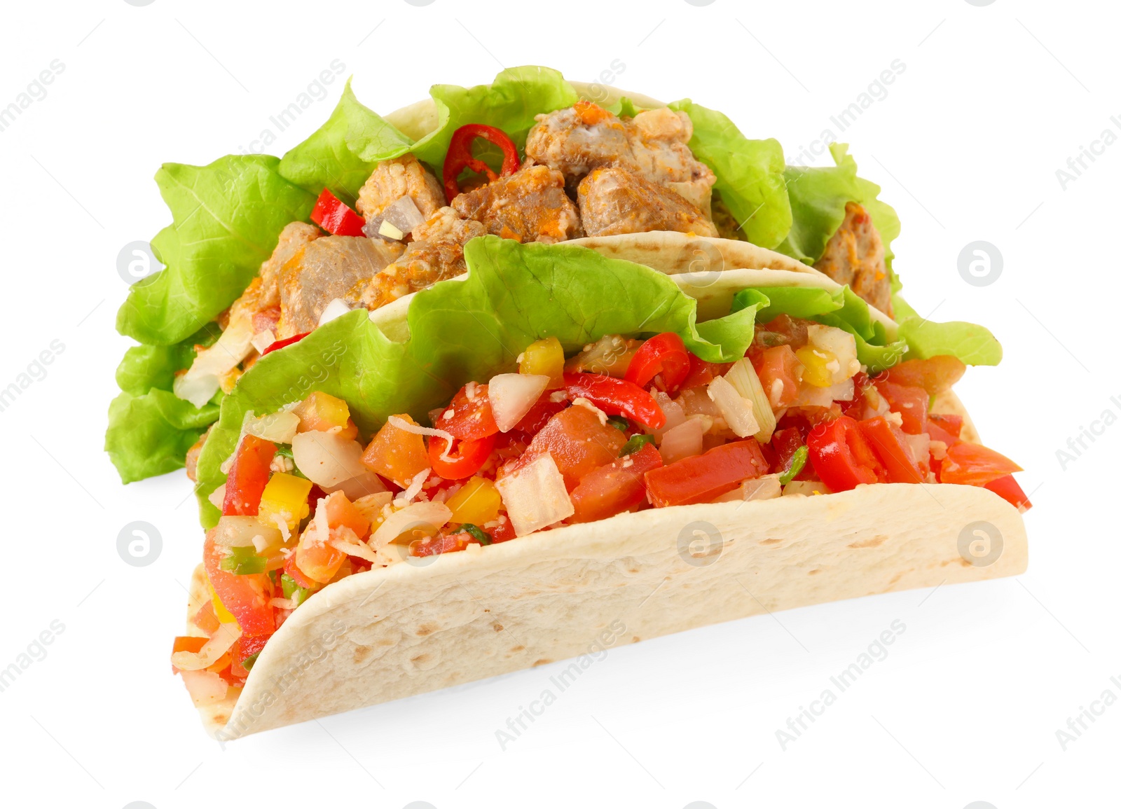 Photo of Delicious tacos with meat and vegetables isolated on white