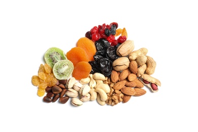 Different dried fruits and nuts on white background, top view