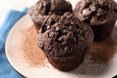 Photo of Delicious chocolate muffins and cacao powder on light table, closeup
