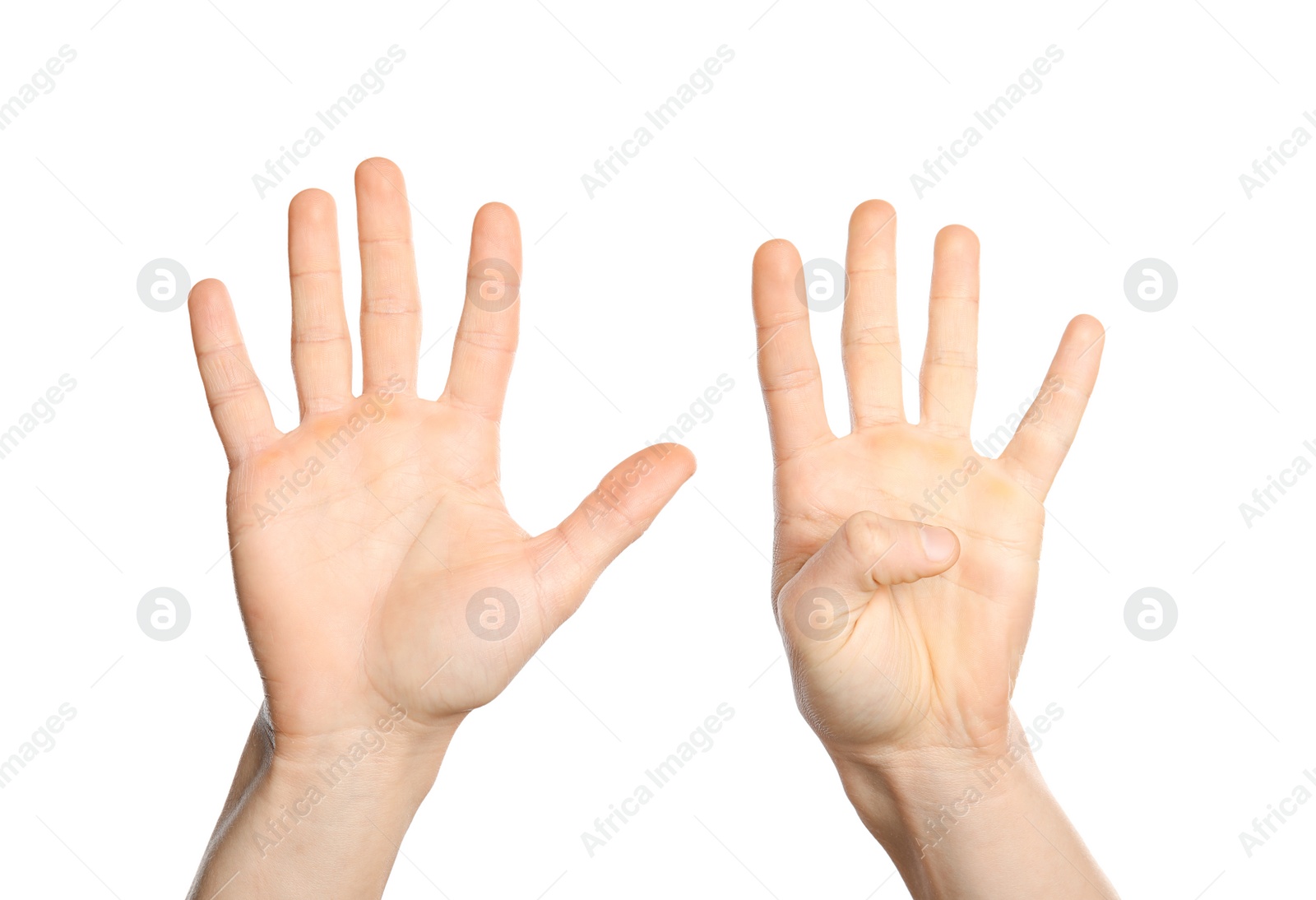 Photo of Man showing sign nine on white background, closeup. Body language