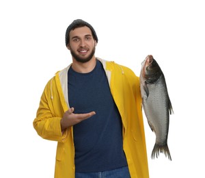 Fisherman with caught fish isolated on white