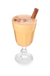 Photo of Delicious eggnog with cinnamon in glass isolated on white