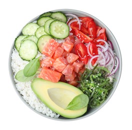 Delicious poke bowl with salmon and vegetables isolated on white, top view