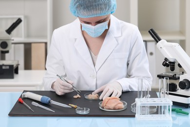 Quality control. Food inspector examining meat in laboratory