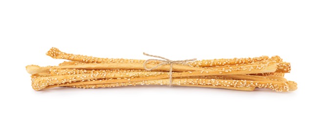 Photo of Fresh delicious grissini sticks on white background