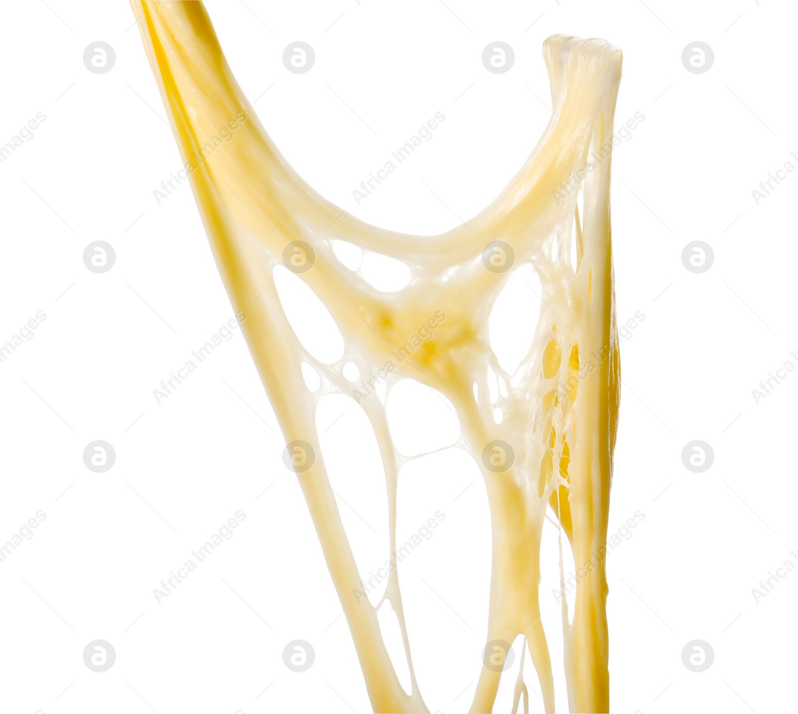 Photo of Stretching delicious melted cheese isolated on white