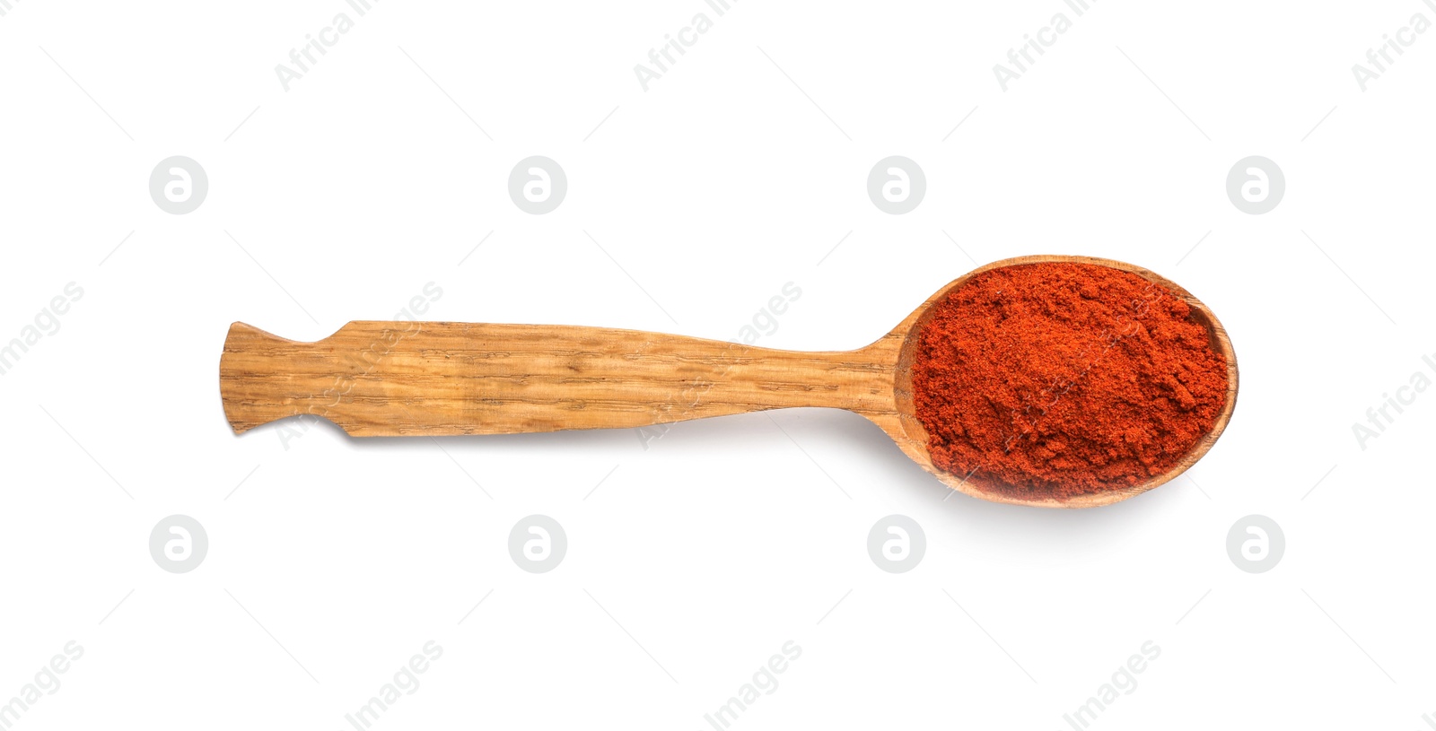 Photo of Wooden spoon with chili pepper powder on white background. Different spices