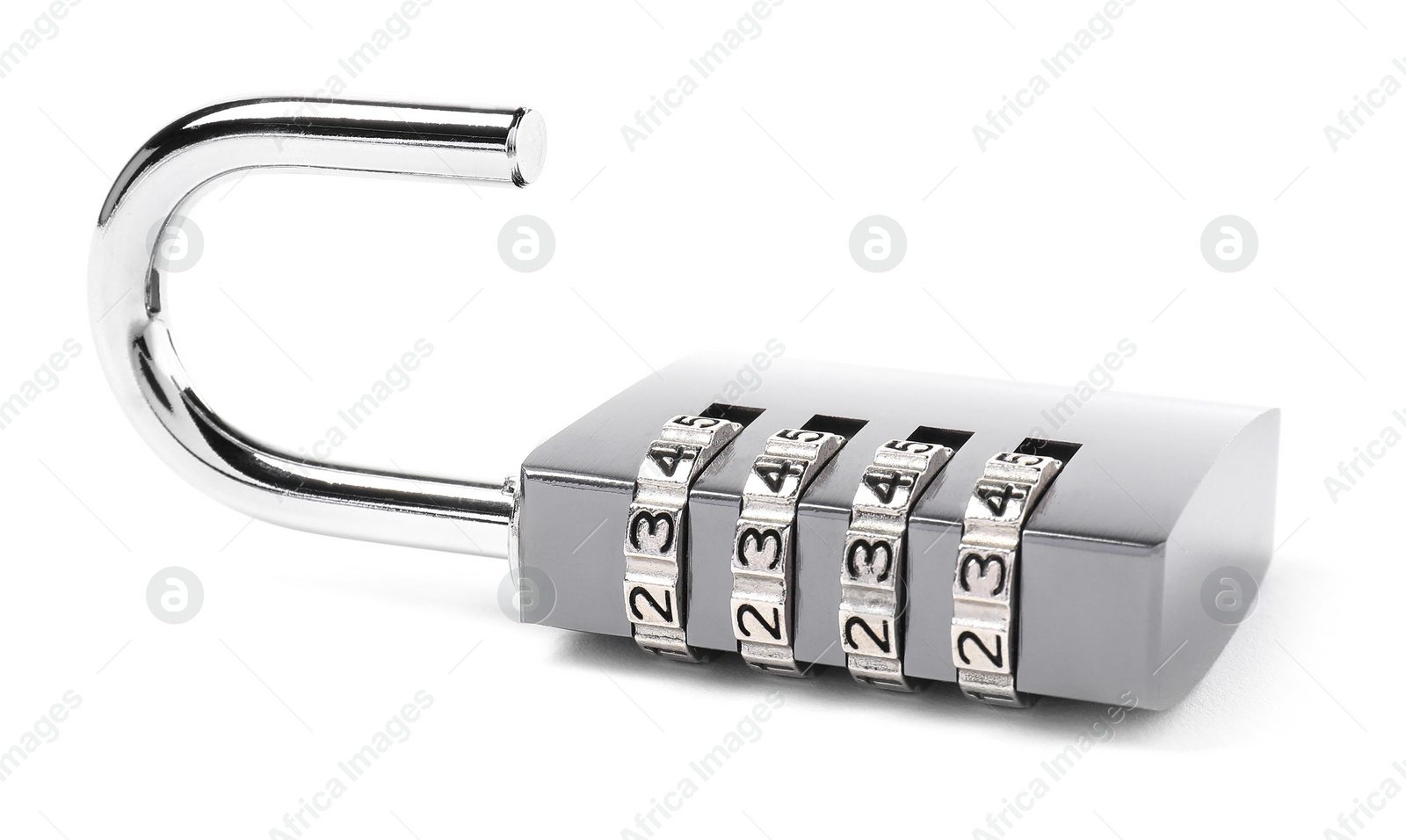 Photo of Unlocked steel combination padlock isolated on white