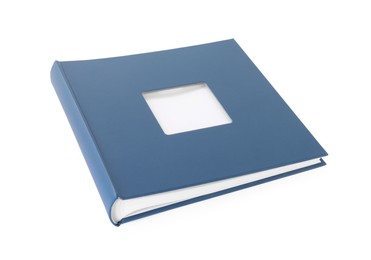 Photo of Blue closed photo album isolated on white