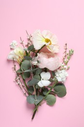 Different beautiful flowers on pink background, flat lay