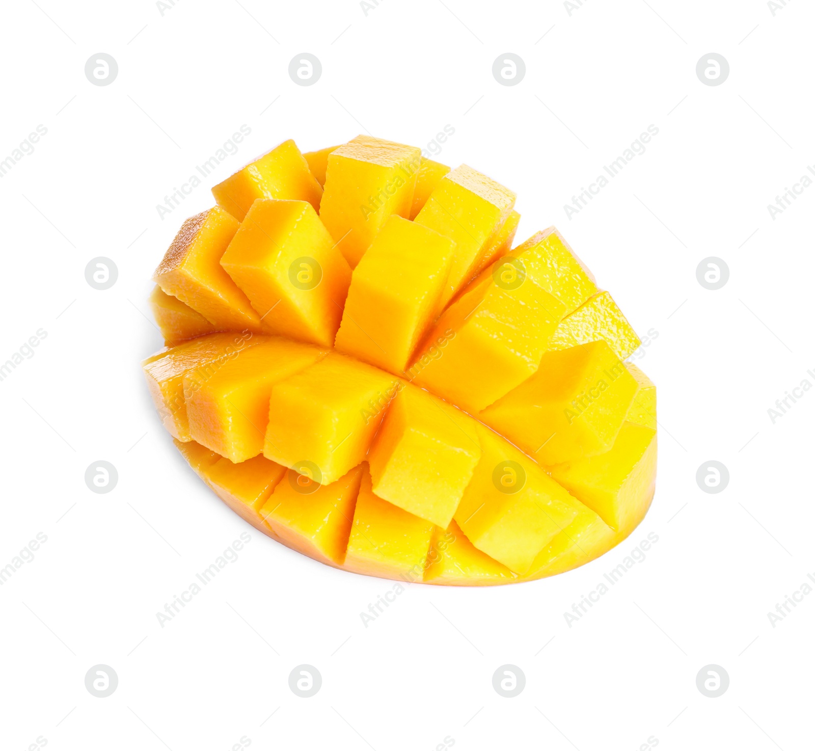 Photo of Cut fresh juicy mango on white background