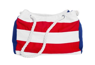 Photo of Stylish striped beach bag isolated on white