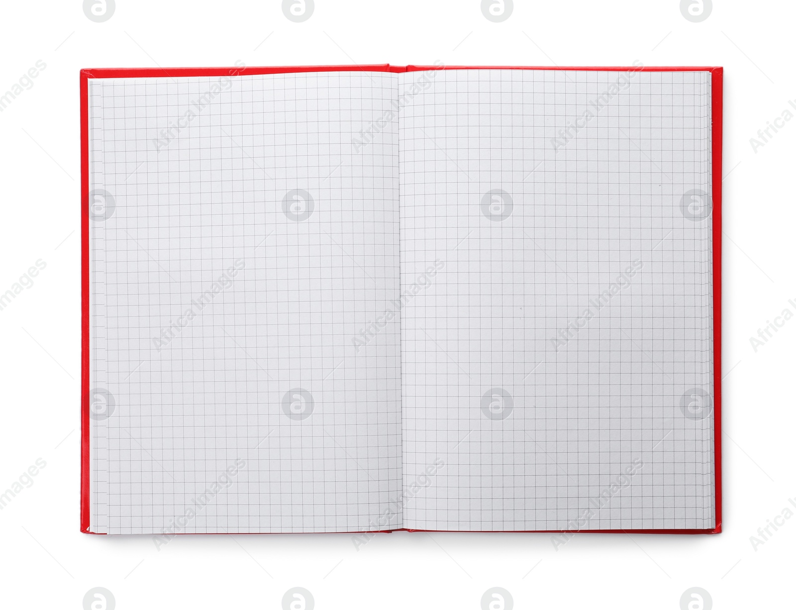 Photo of Stylish open notebook with blank sheets isolated on white, top view