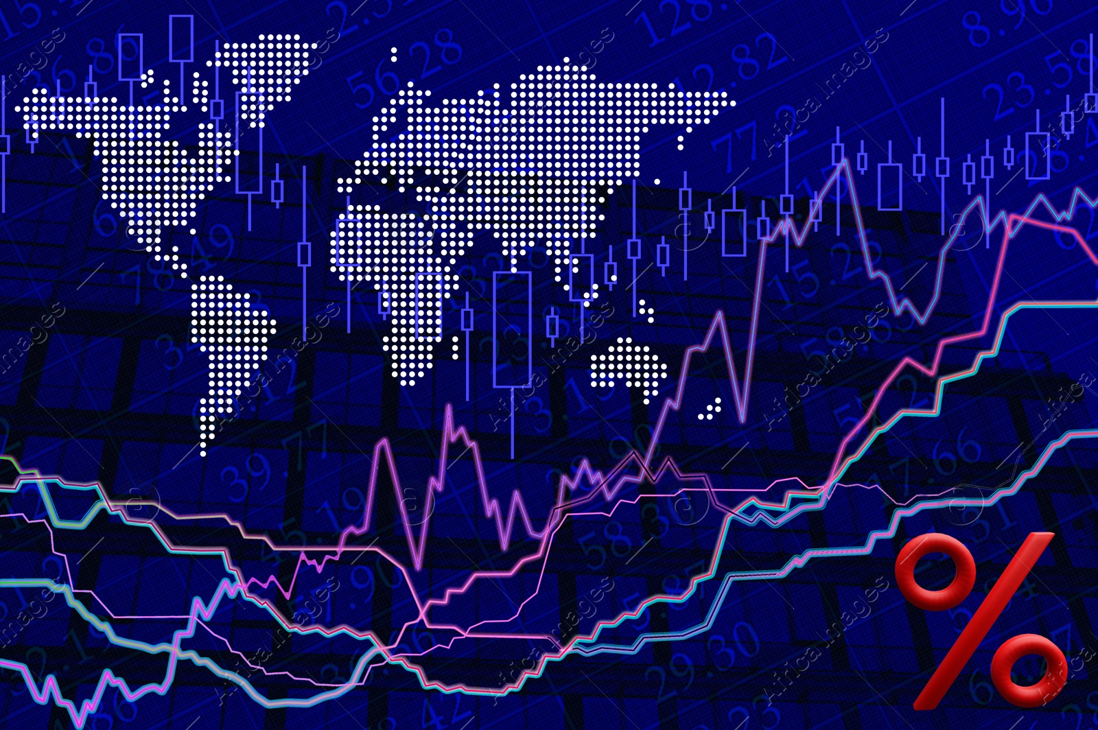 Image of Stock exchange concept. Modern buildings, world map, data and charts, multiple exposure