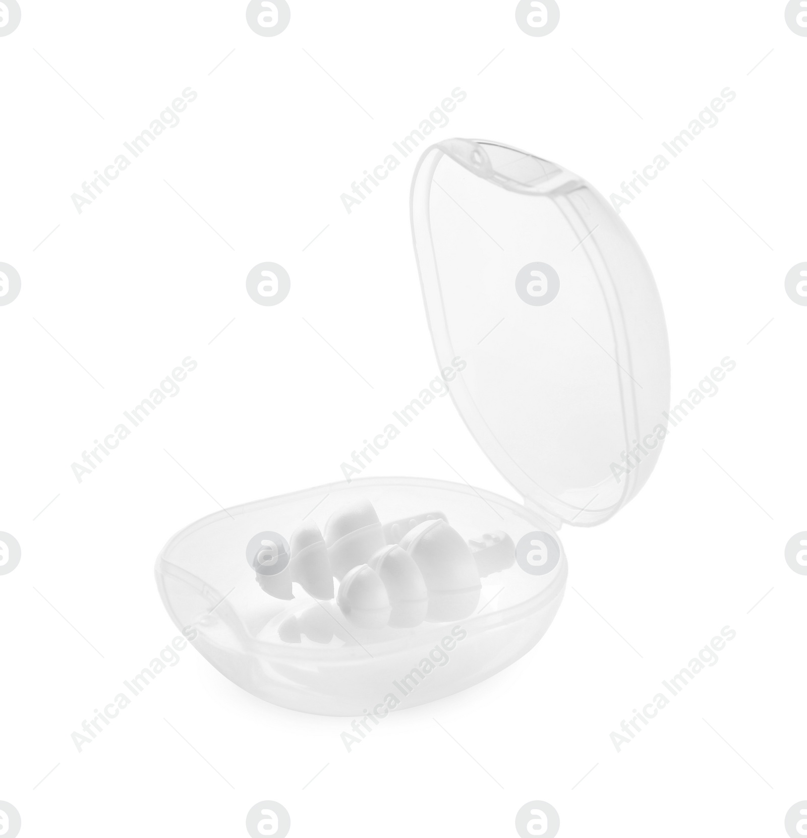 Photo of Transparent plastic case with ear plugs isolated on white